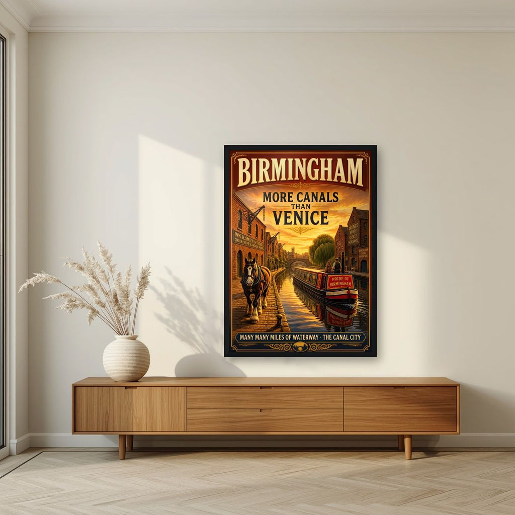 More Canals Than Venice — Birmingham art print, in a black frame, styled in a living room