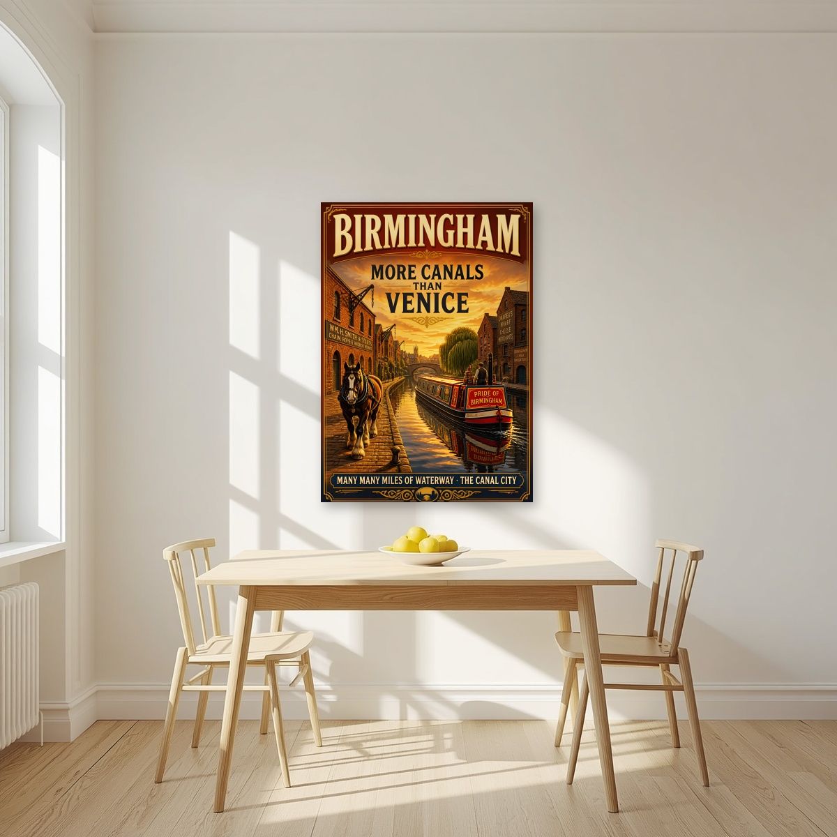 More Canals Than Venice — Birmingham art print, unframed poster, styled in a kitchen