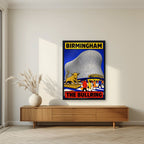 The Bullring — Birmingham art print, in a black frame, styled in a living room