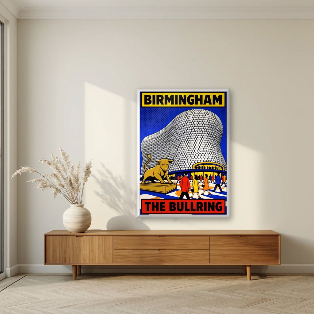 The Bullring — Birmingham art print, in a white frame, styled in a living room