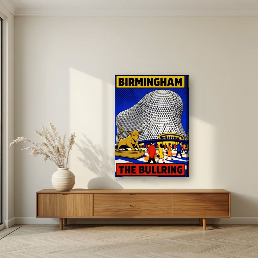 The Bullring — Birmingham art print, on slim canvas, styled in a living room