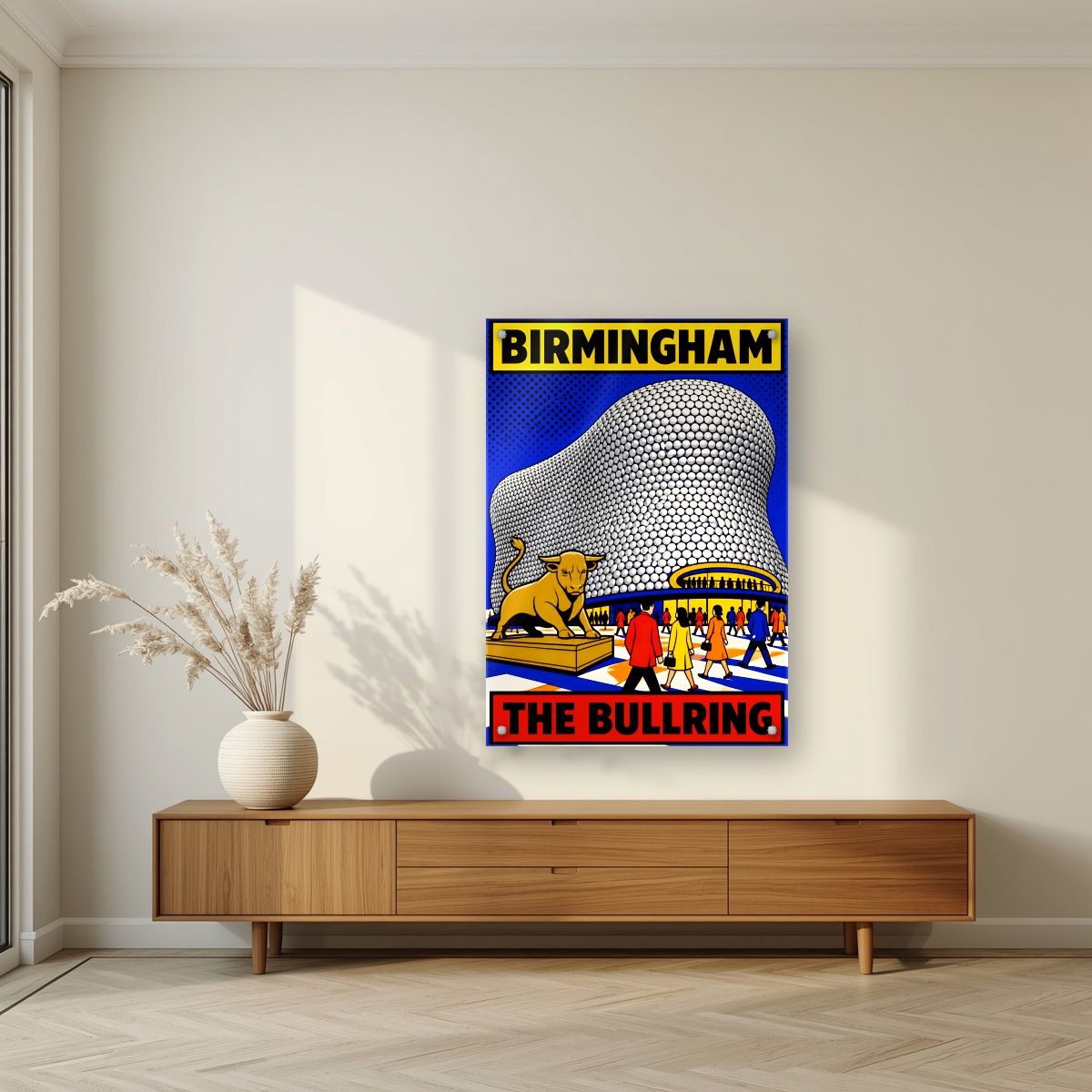 The Bullring — Birmingham art print, as an acrylic print, styled in a living room