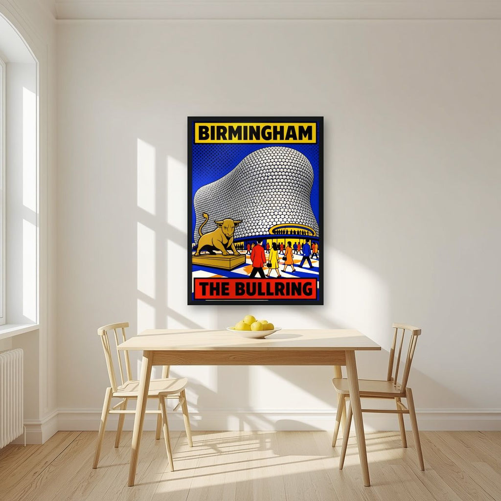 The Bullring — Birmingham art print, in a black frame, styled in a kitchen