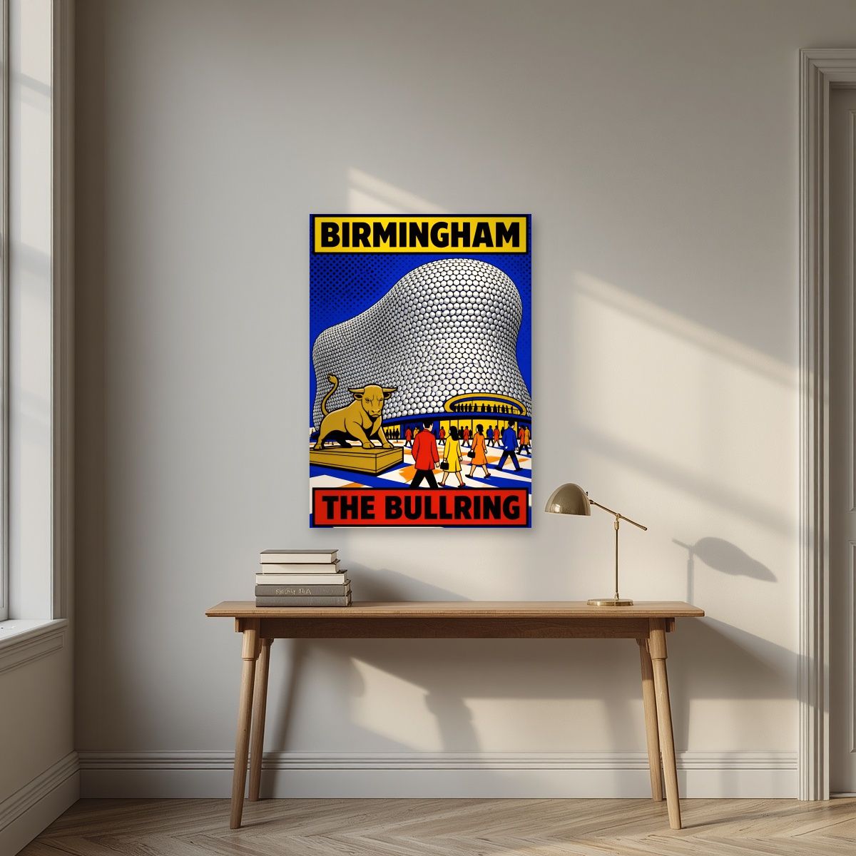 The Bullring — Birmingham art print, unframed poster, styled in a desk