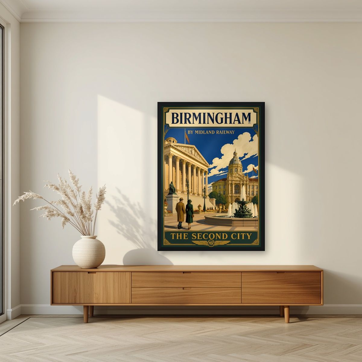 The Second City — Birmingham art print, in a black frame, styled in a living room