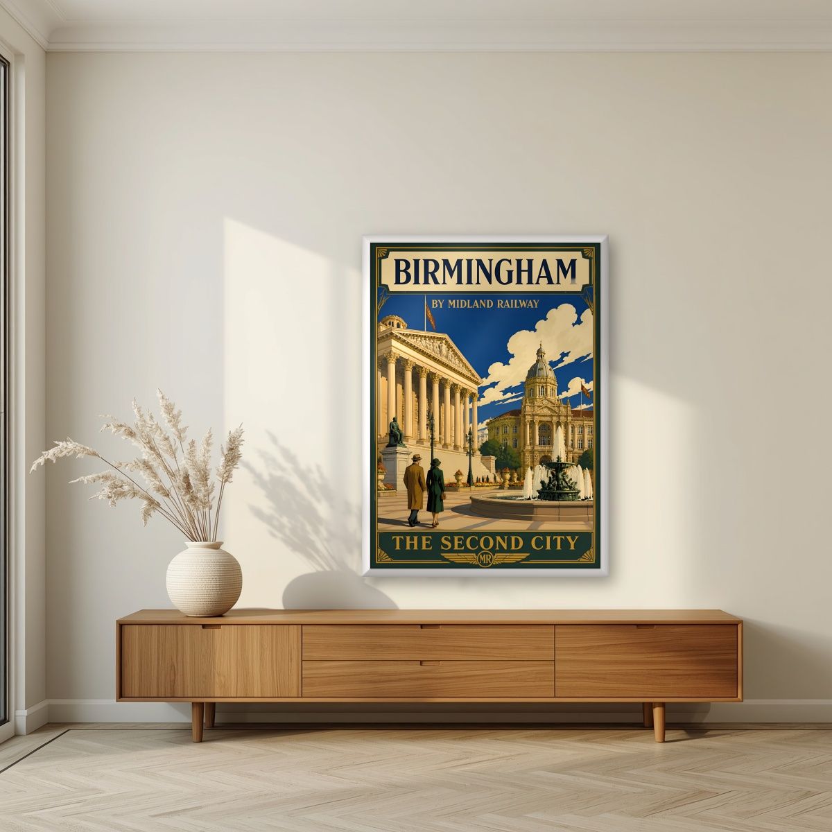 The Second City — Birmingham art print, in a white frame, styled in a living room