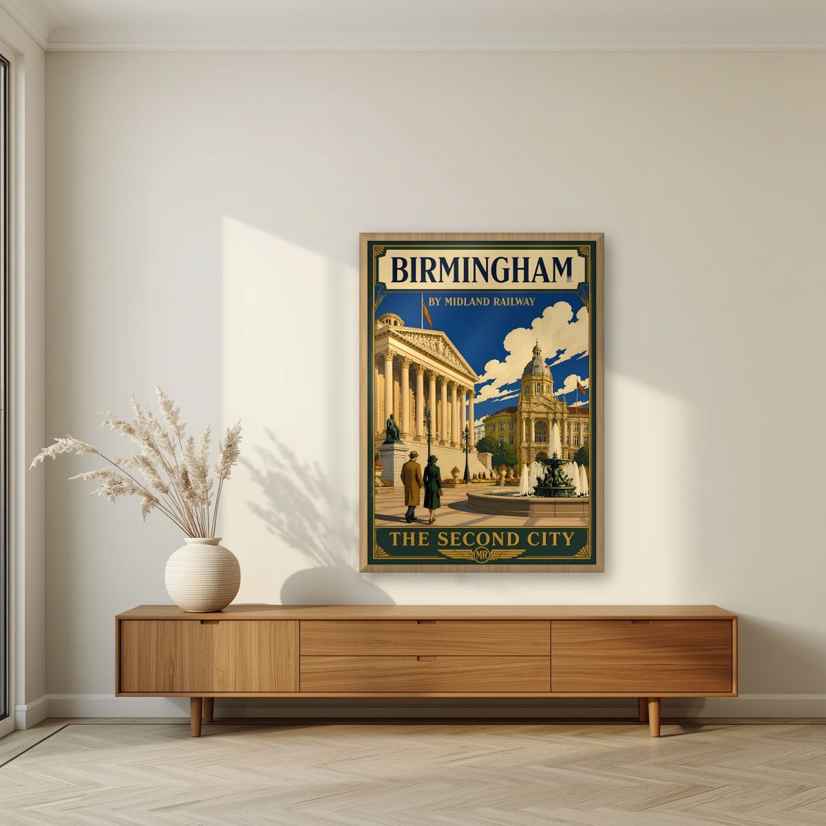 The Second City — Birmingham art print, in an oak frame, styled in a living room