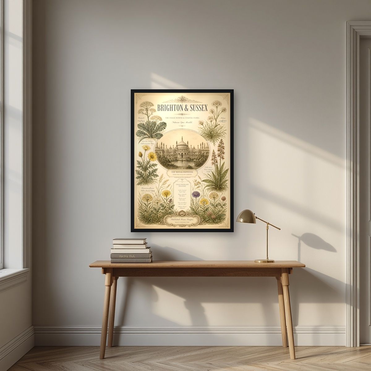 Chalk Grassland Treasures — Brighton art print, in a black frame, styled in a desk