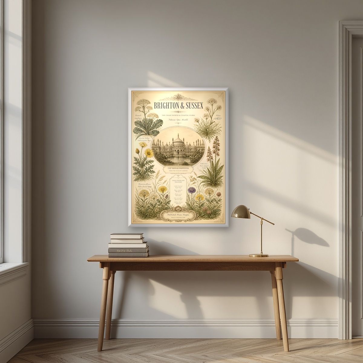 Chalk Grassland Treasures — Brighton art print, in a white frame, styled in a desk