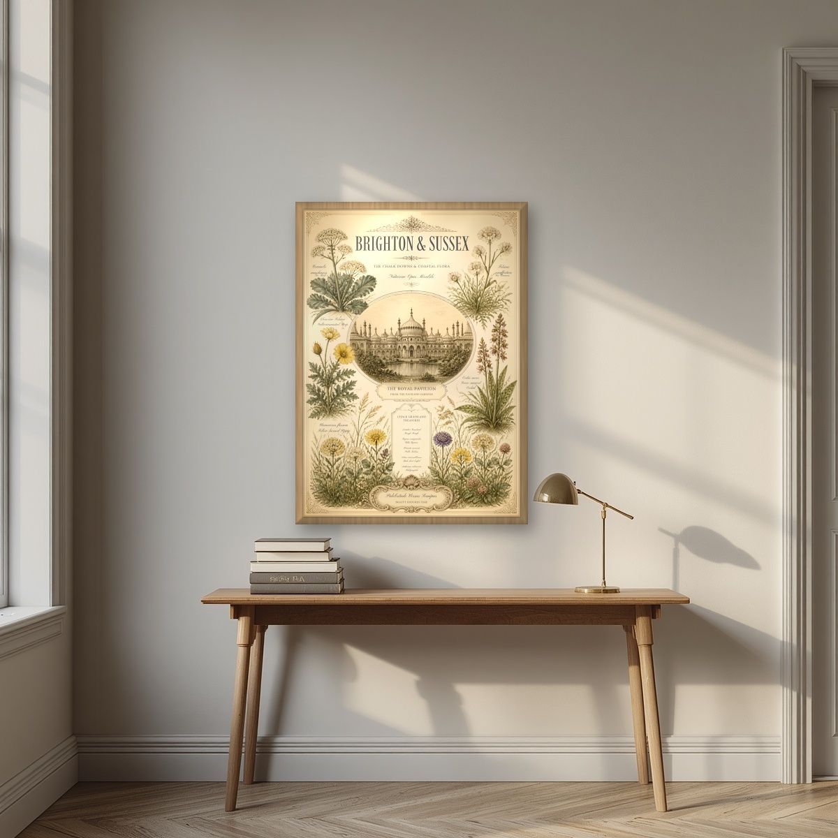 Chalk Grassland Treasures — Brighton art print, in an oak frame, styled in a desk