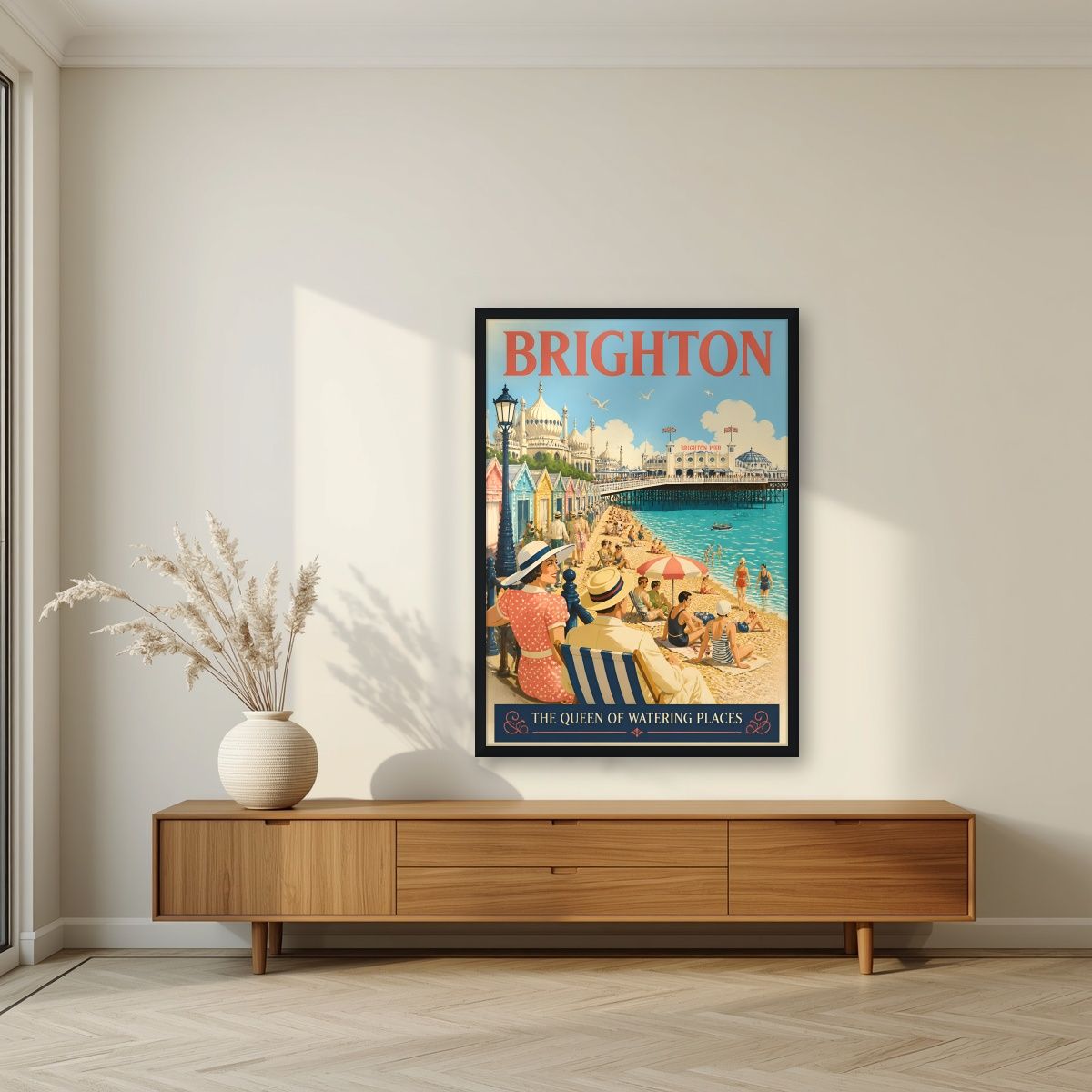 Queen Of Watering Places — Brighton art print, in a black frame, styled in a living room