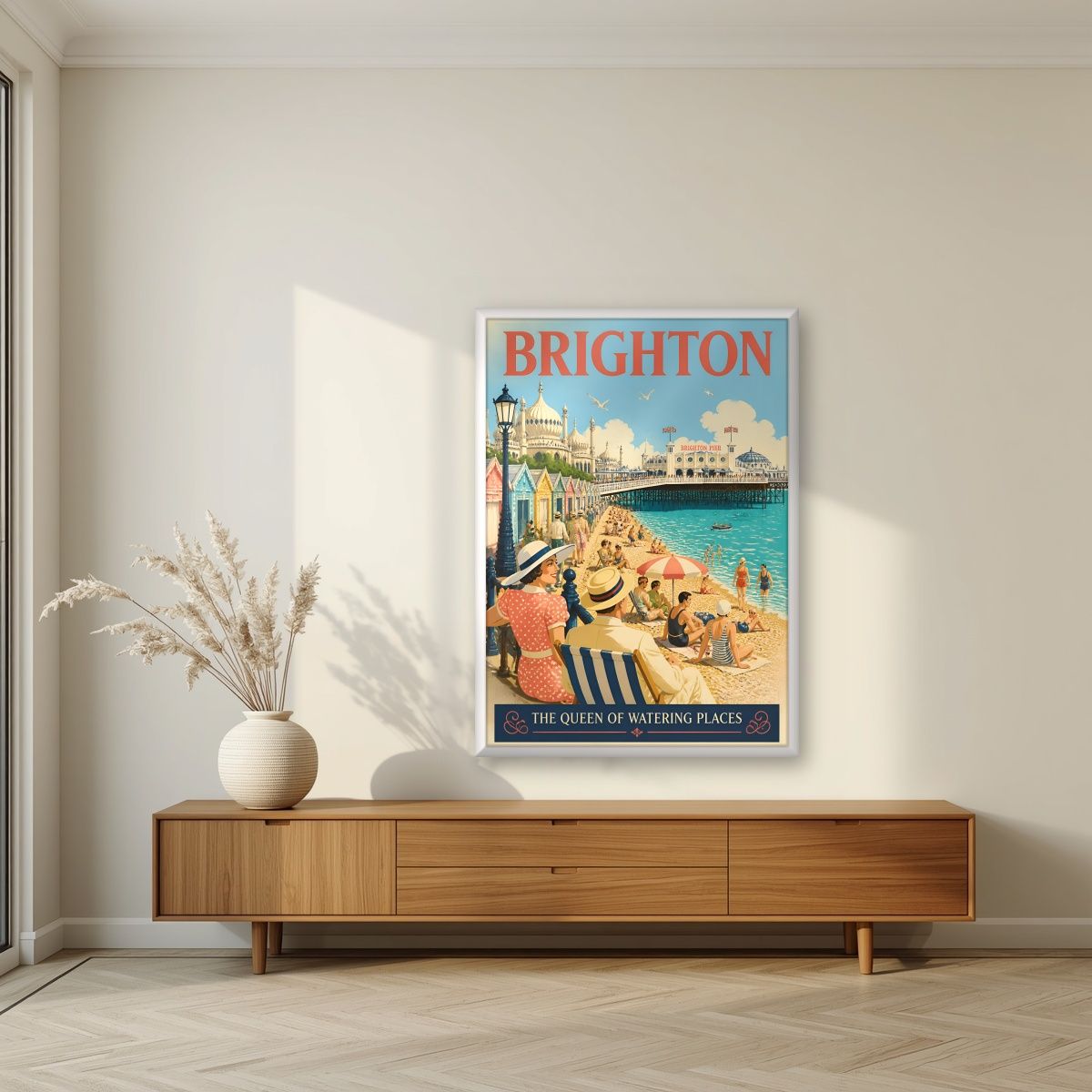 Queen Of Watering Places — Brighton art print, in a white frame, styled in a living room