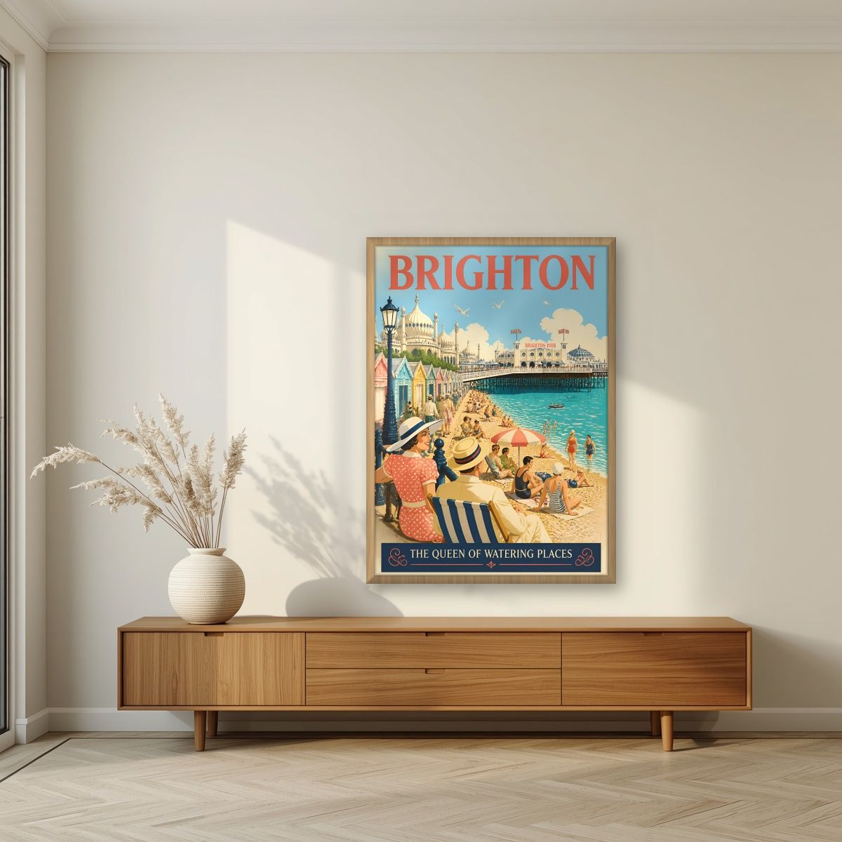 Queen Of Watering Places — Brighton art print, in an oak frame, styled in a living room