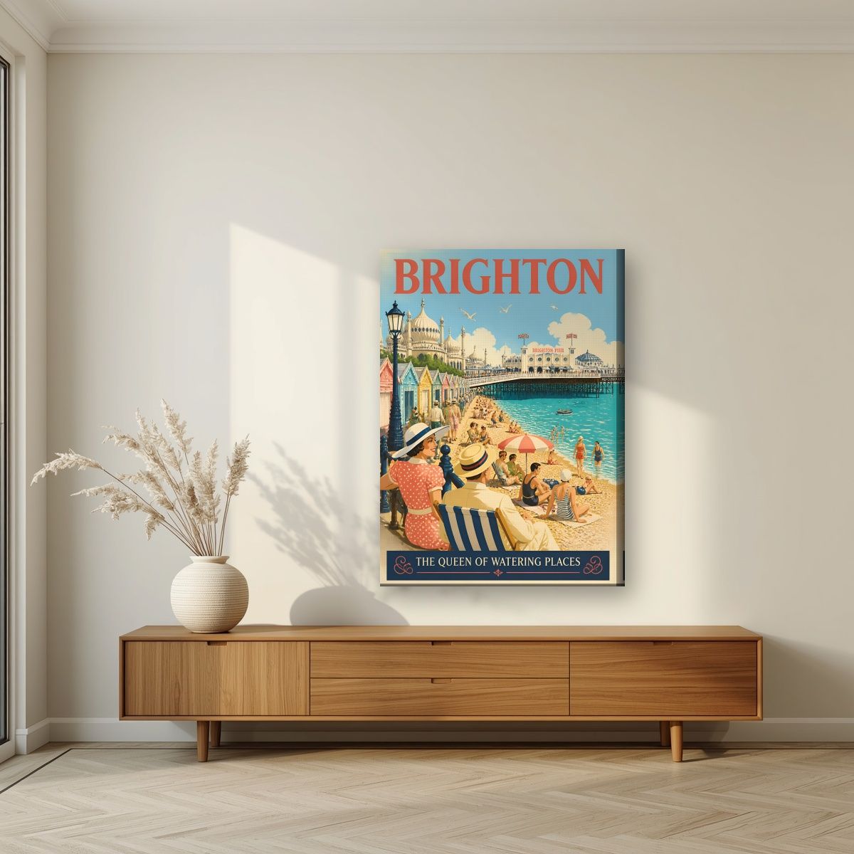 Queen Of Watering Places — Brighton art print, on slim canvas, styled in a living room
