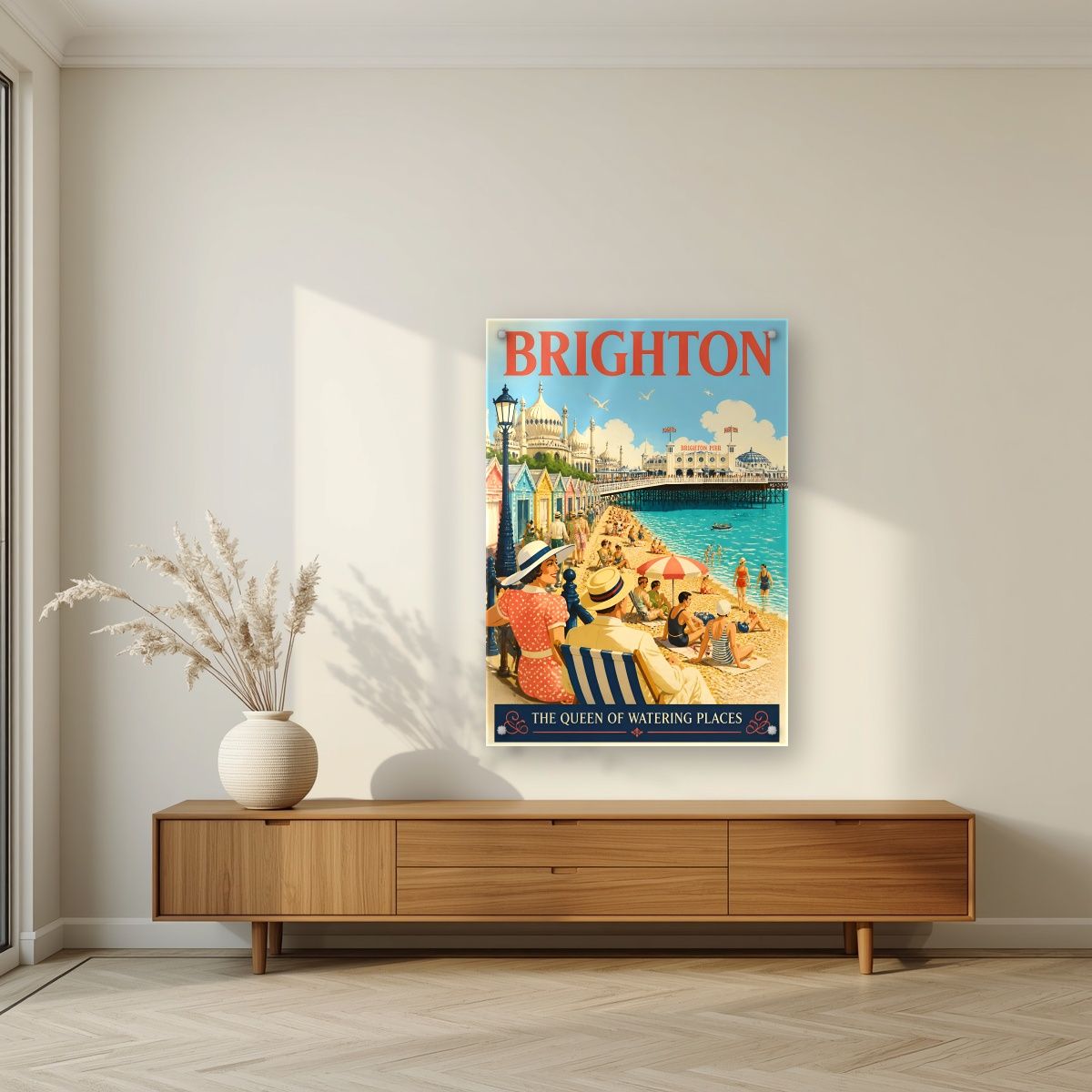 Queen Of Watering Places — Brighton art print, as an acrylic print, styled in a living room