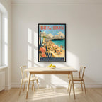 Queen Of Watering Places — Brighton art print, in a black frame, styled in a kitchen