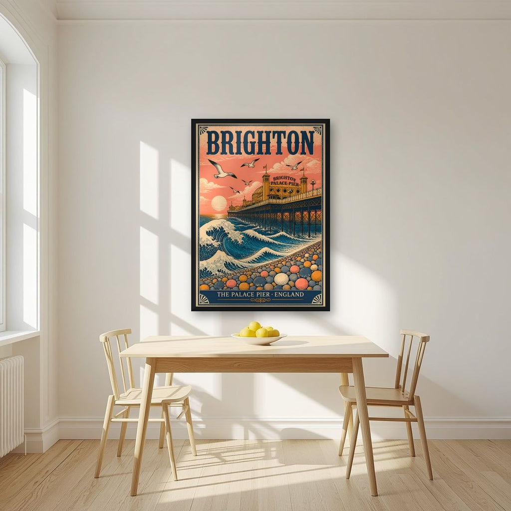 The Great Wave — Brighton art print, in a black frame, styled in a kitchen