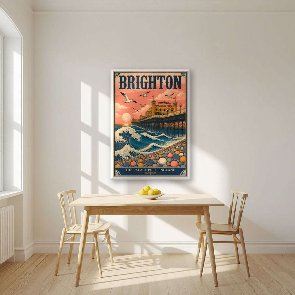 The Great Wave — Brighton art print, in a white frame, styled in a kitchen