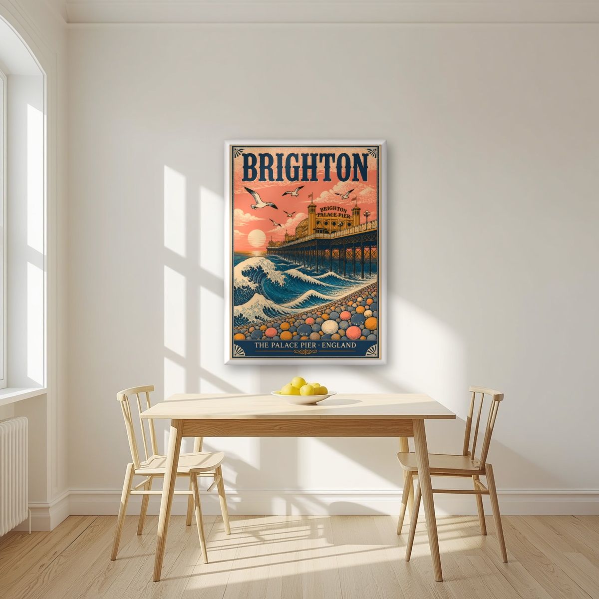 The Great Wave — Brighton art print, in a white frame, styled in a kitchen