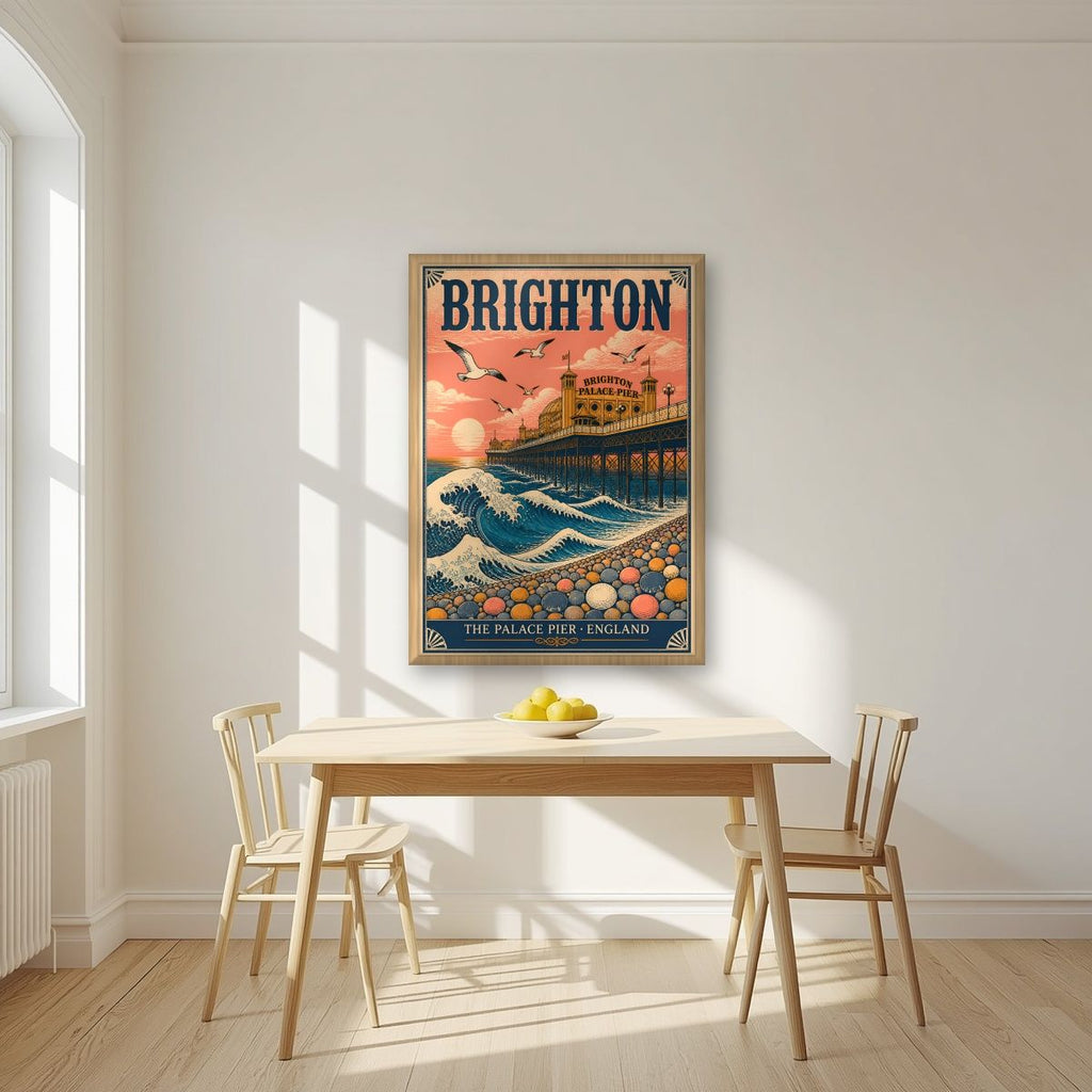 The Great Wave — Brighton art print, in an oak frame, styled in a kitchen