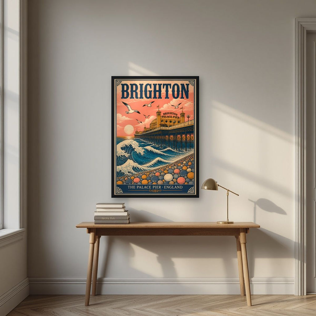 The Great Wave — Brighton art print, in a black frame, styled in a desk