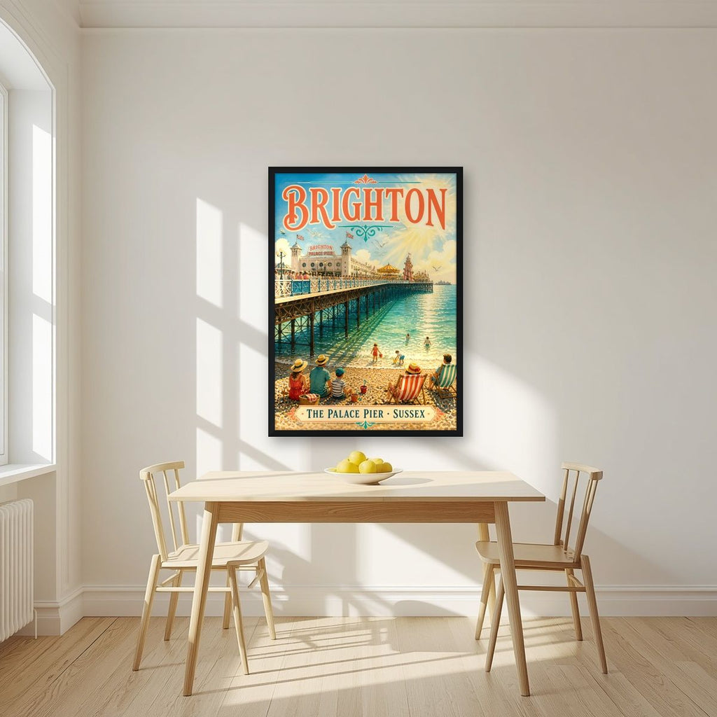 The Palace Pier — Brighton art print, in a black frame, styled in a kitchen