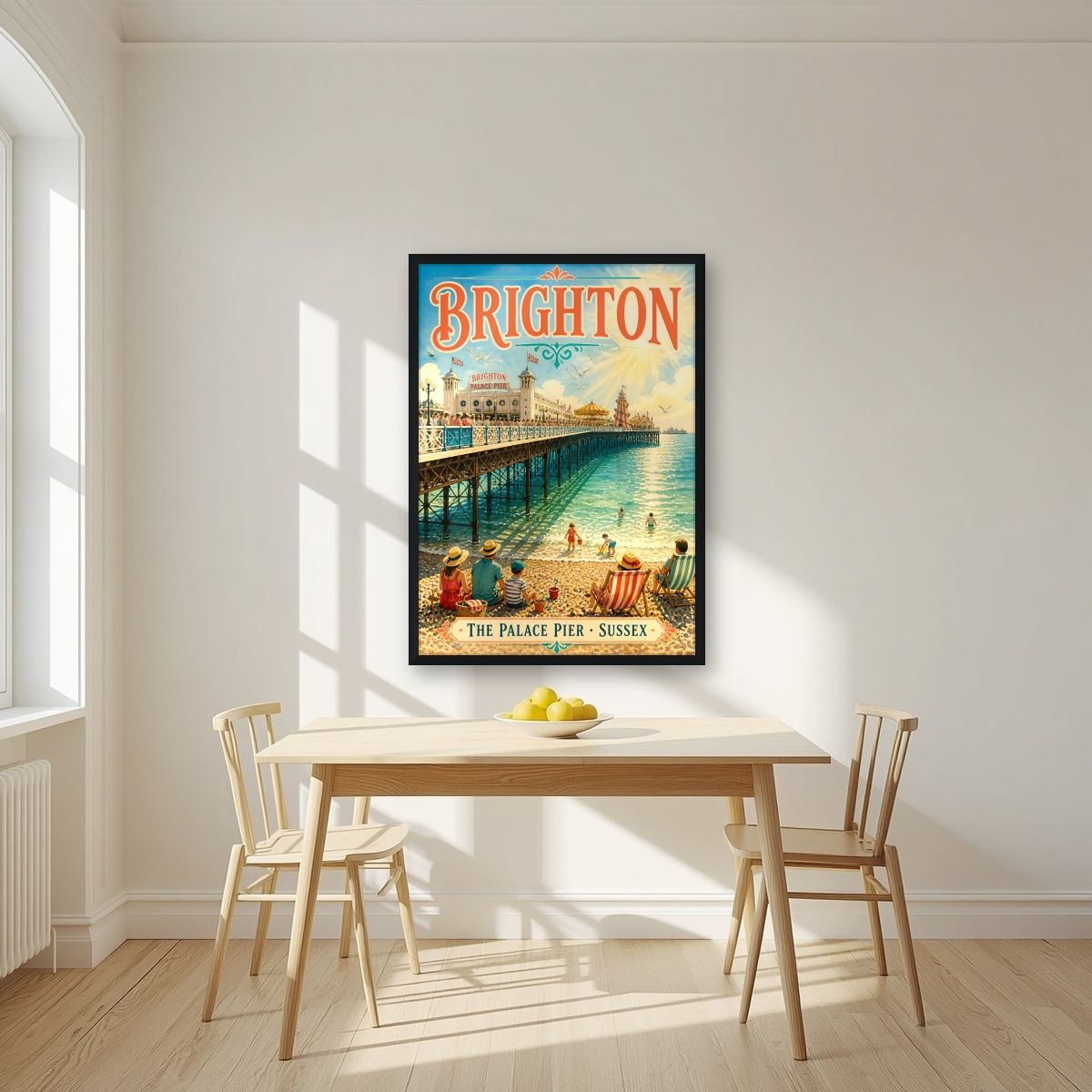 The Palace Pier — Brighton art print, in a black frame, styled in a kitchen