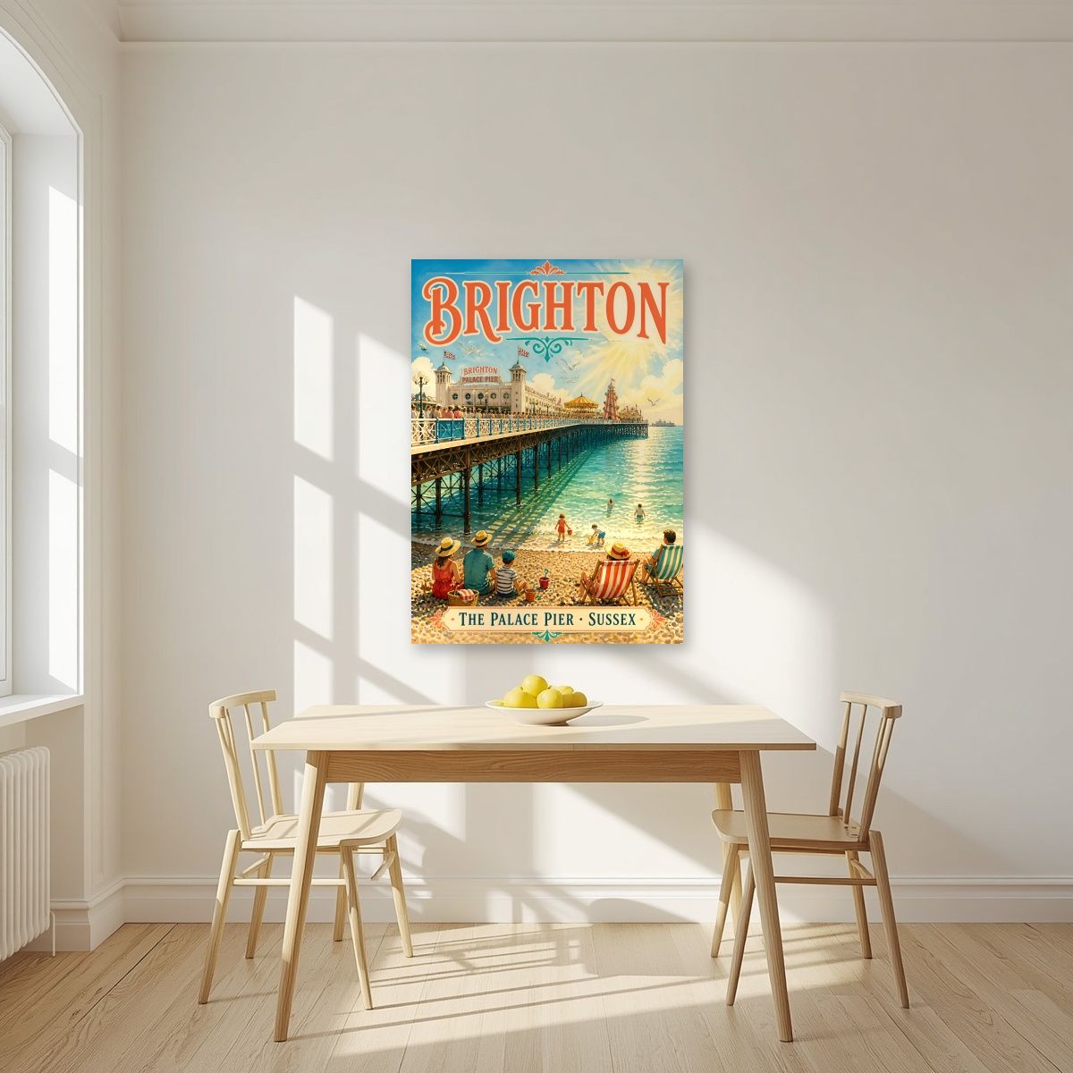 The Palace Pier — Brighton art print, unframed poster, styled in a kitchen