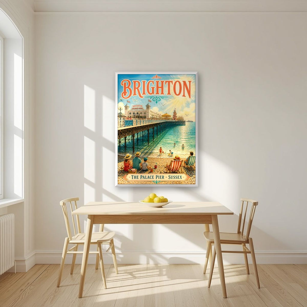 The Palace Pier — Brighton art print, in a white frame, styled in a kitchen