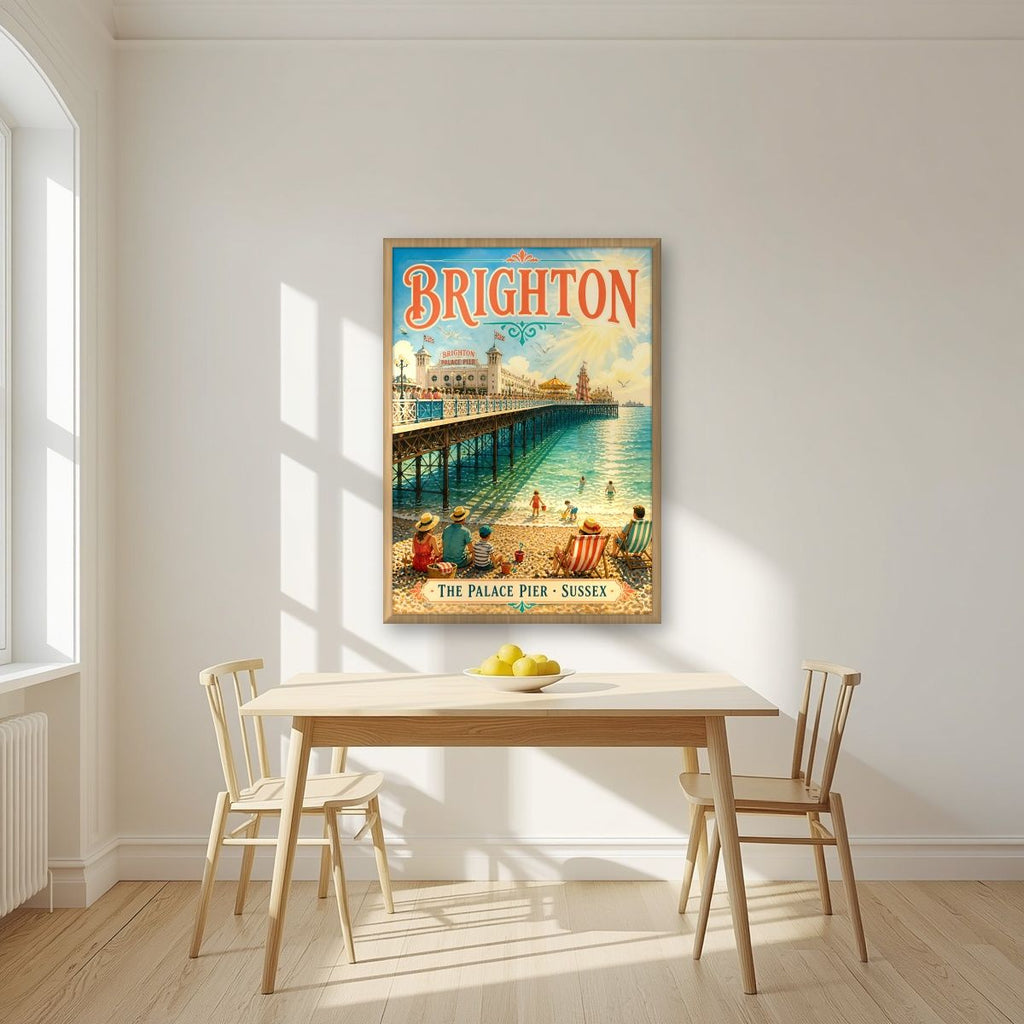 The Palace Pier — Brighton art print, in an oak frame, styled in a kitchen