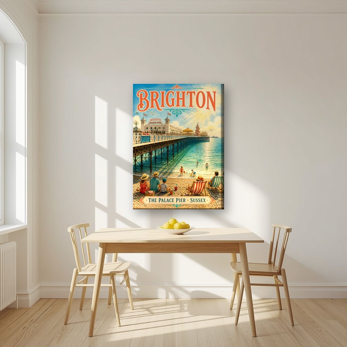The Palace Pier — Brighton art print, on slim canvas, styled in a kitchen