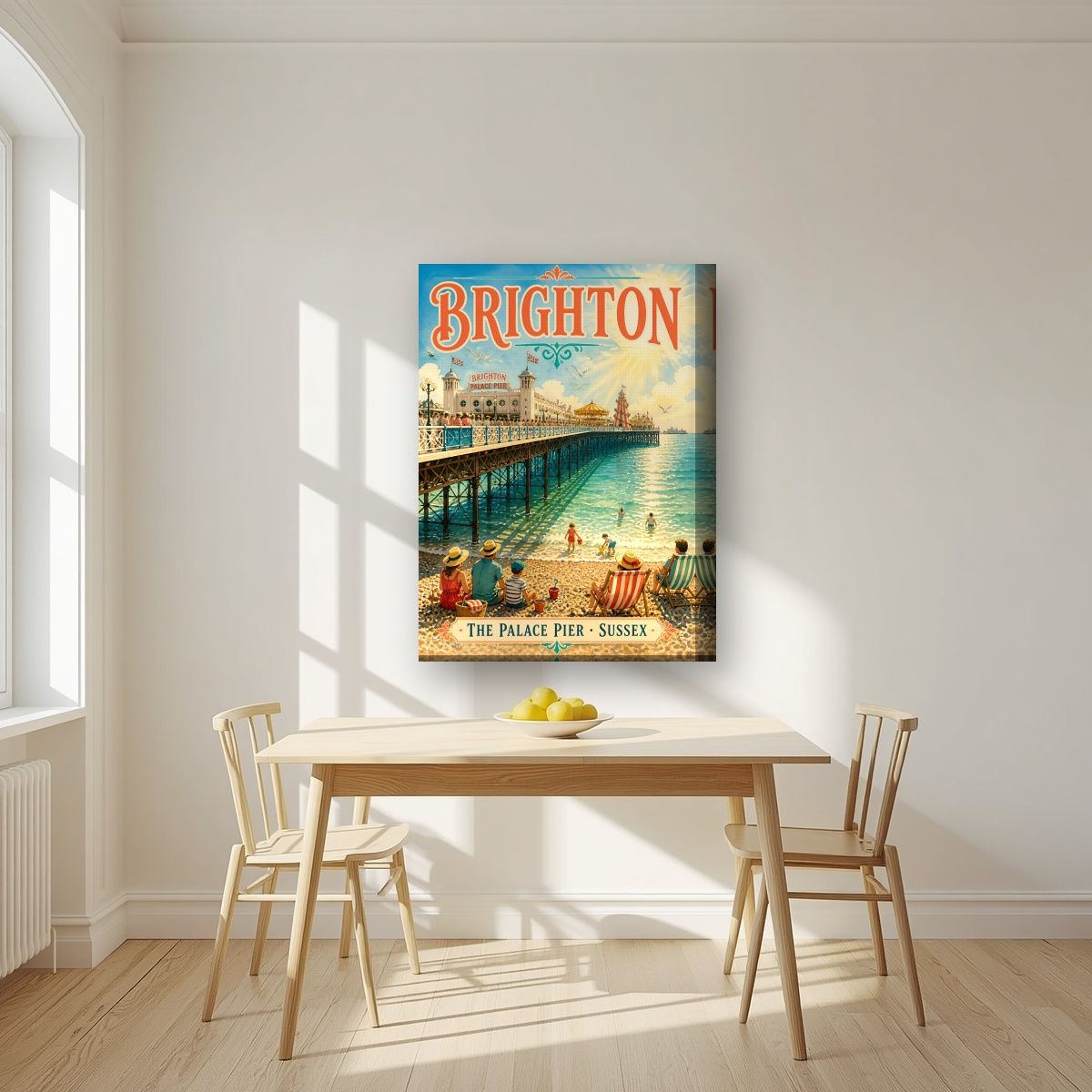 The Palace Pier — Brighton art print, on thick canvas, styled in a kitchen
