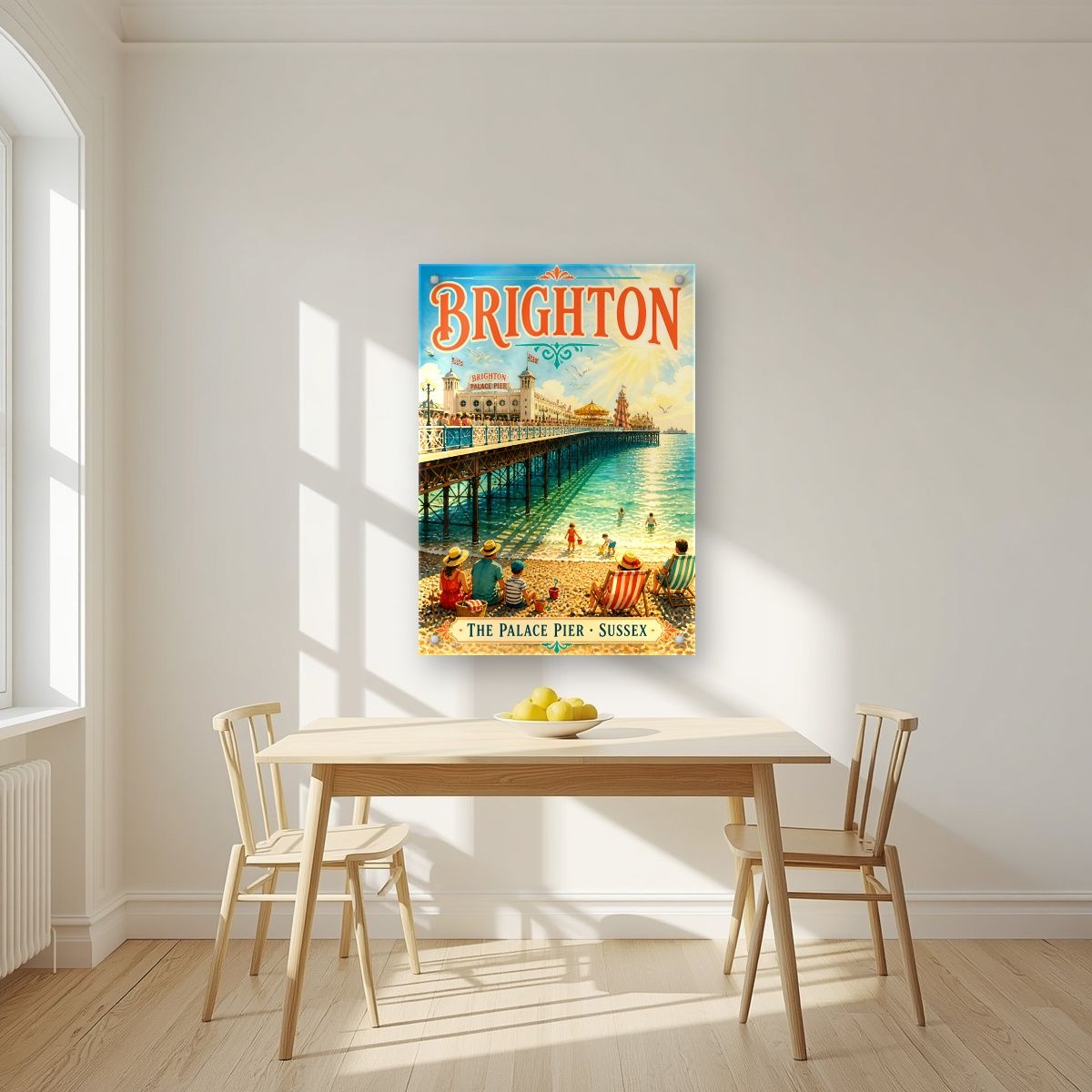 The Palace Pier — Brighton art print, as an acrylic print, styled in a kitchen