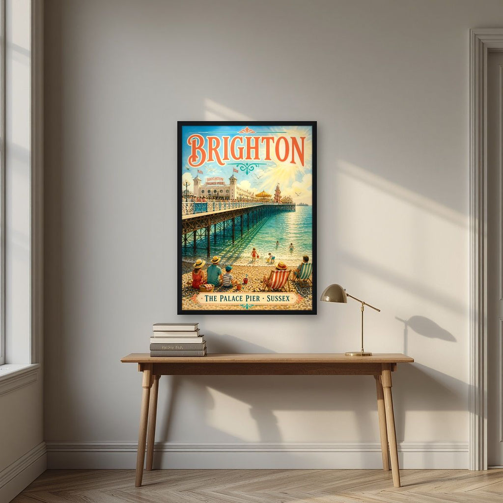 The Palace Pier — Brighton art print, in a black frame, styled in a desk