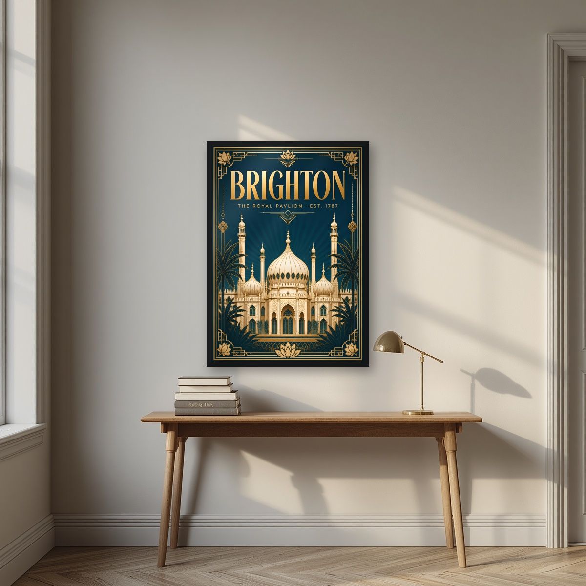 The Royal Pavilion — Brighton art print, in a black frame, styled in a desk