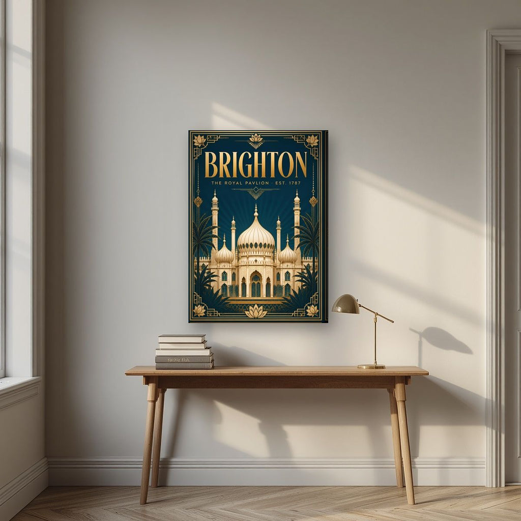 The Royal Pavilion — Brighton art print, on slim canvas, styled in a desk