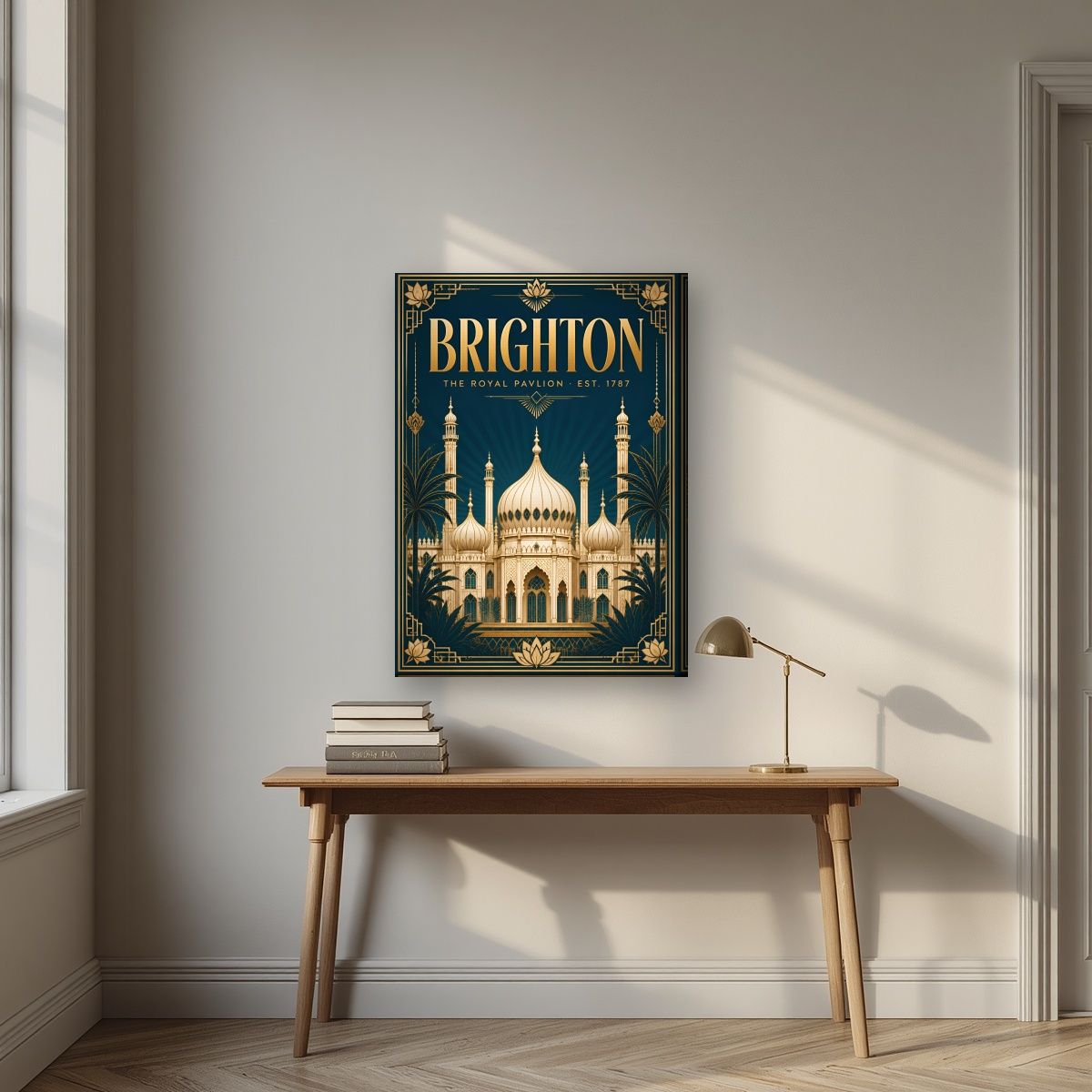 The Royal Pavilion — Brighton art print, on slim canvas, styled in a desk
