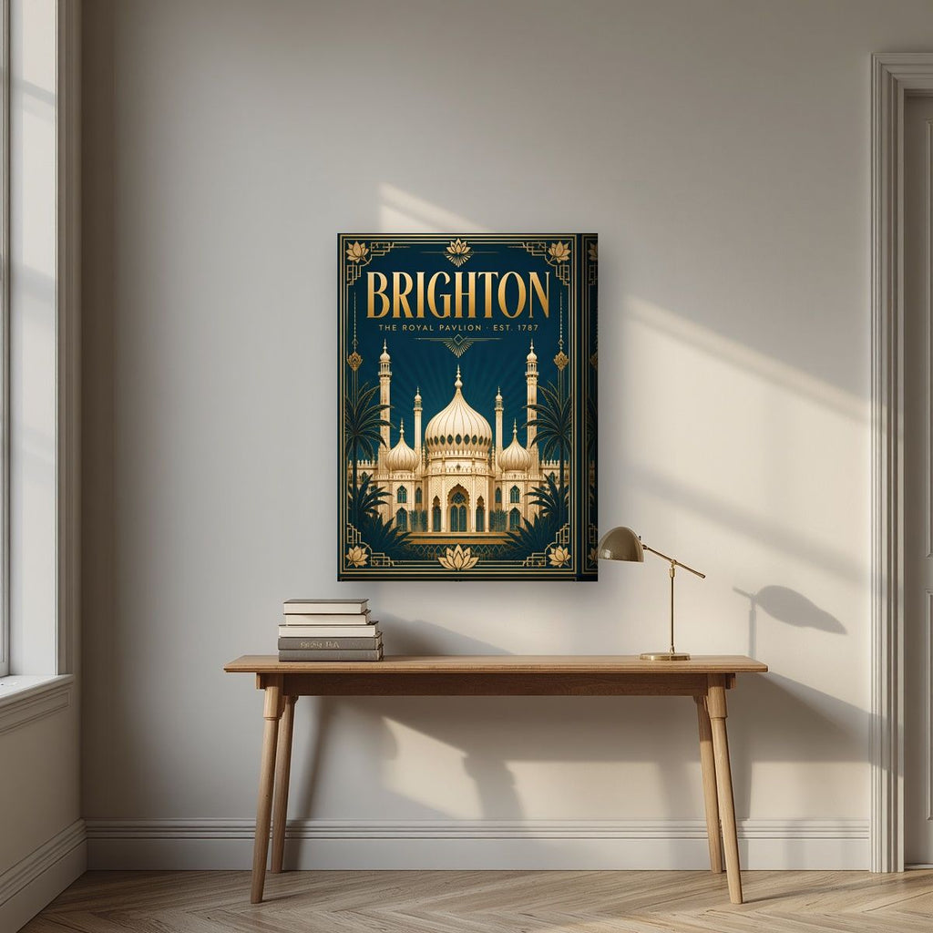 The Royal Pavilion — Brighton art print, on thick canvas, styled in a desk