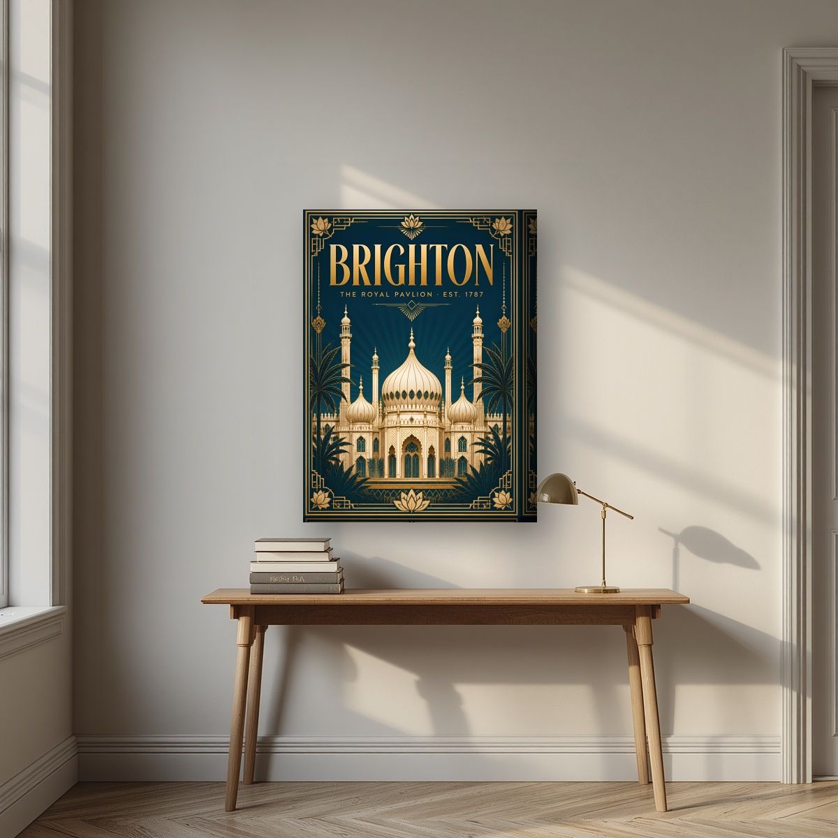The Royal Pavilion — Brighton art print, on thick canvas, styled in a desk