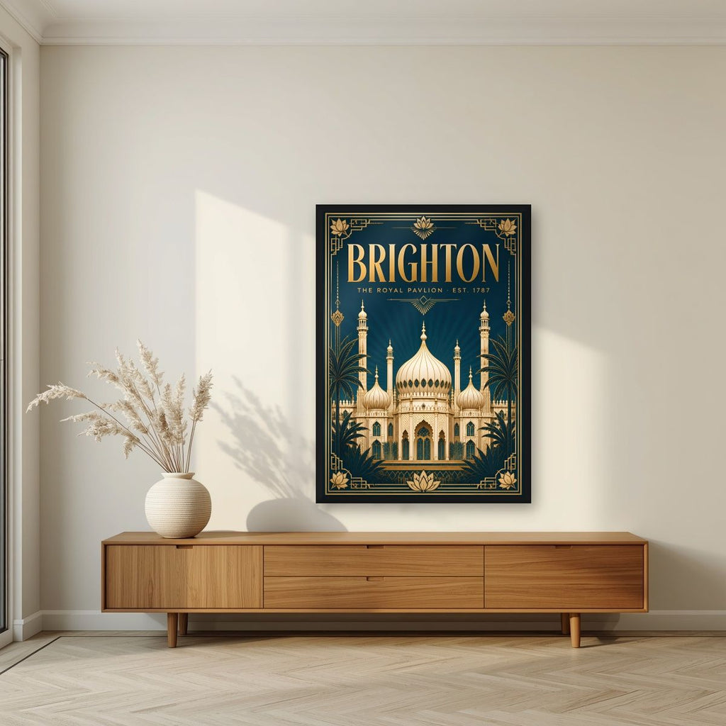 The Royal Pavilion — Brighton art print, in a black frame, styled in a living room
