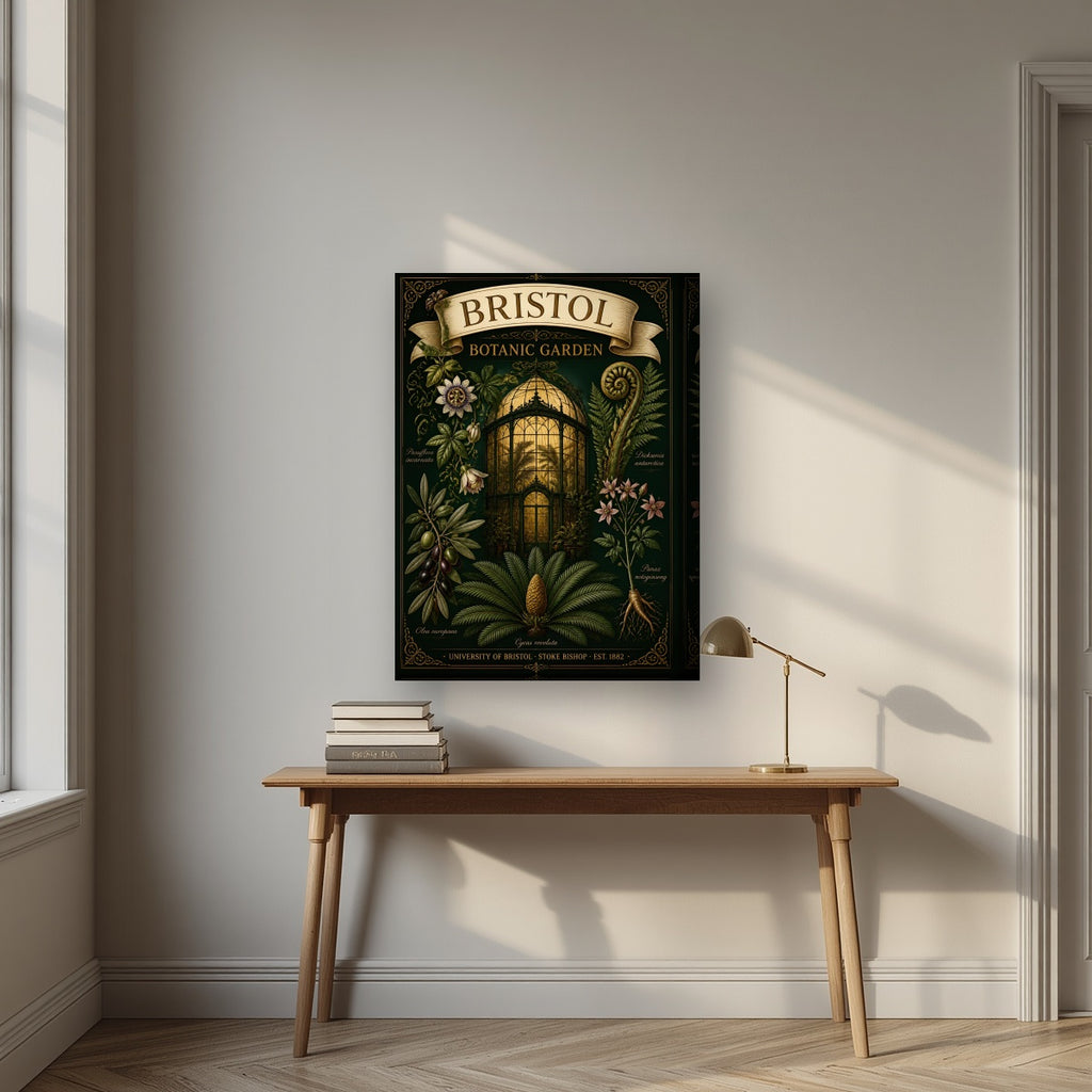 Botanic Garden on a thick-edge canvas, above an oak writing desk