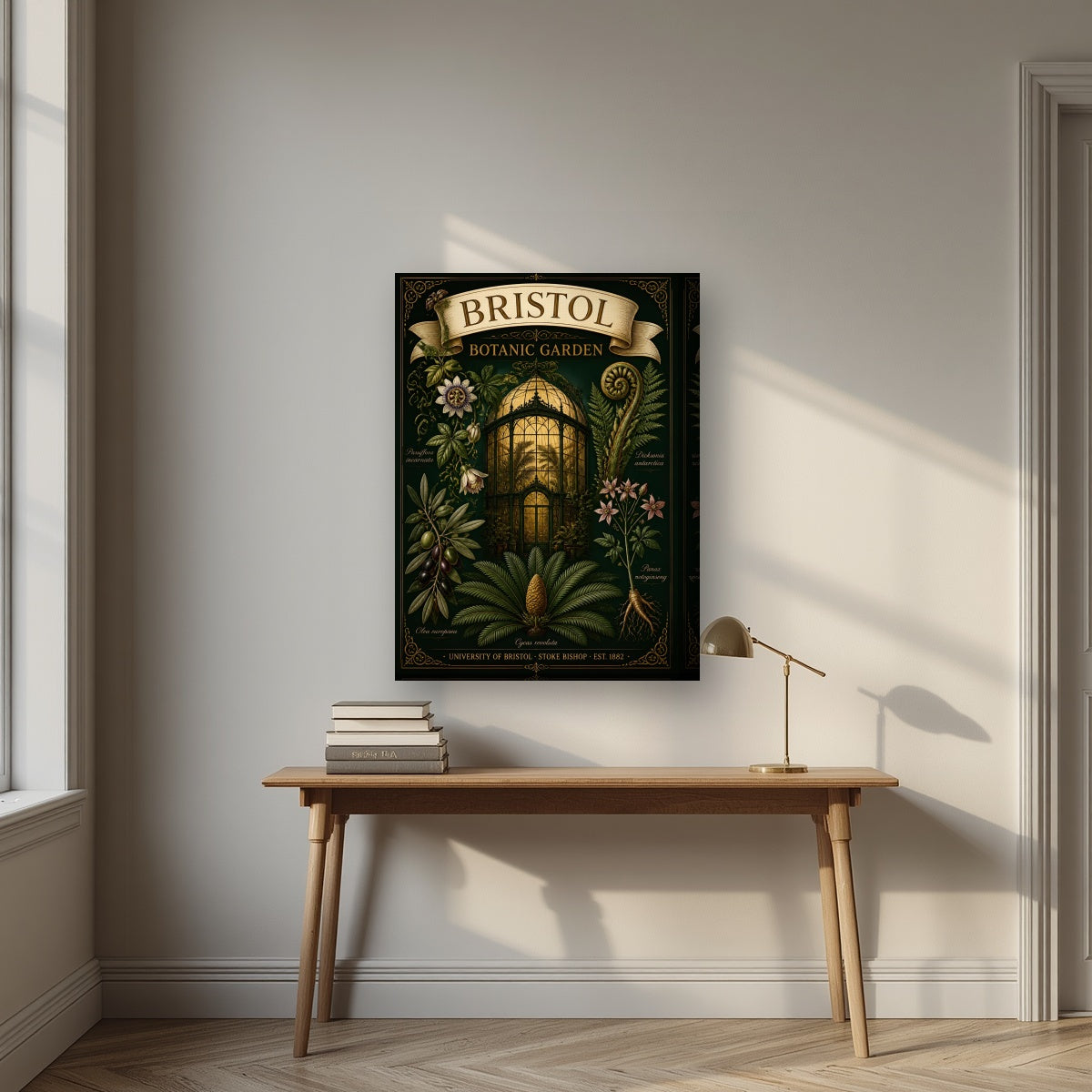 Botanic Garden on a thick-edge canvas, above an oak writing desk