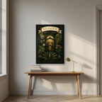 Botanic Garden in a black frame, above an oak writing desk