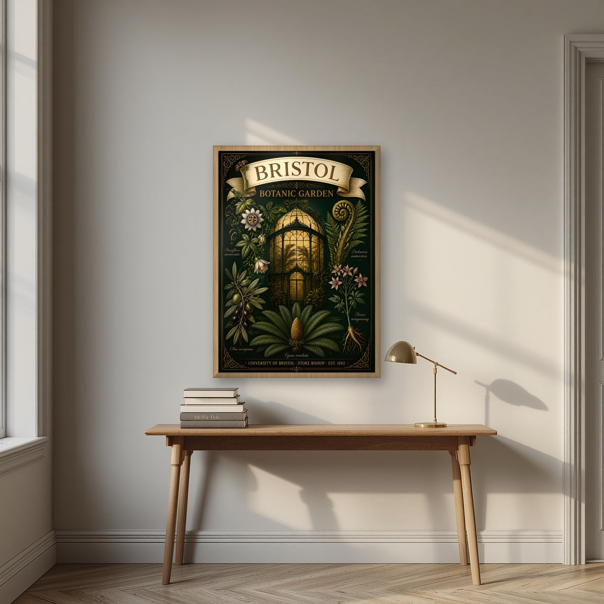 Botanic Garden in an oak frame, above an oak writing desk