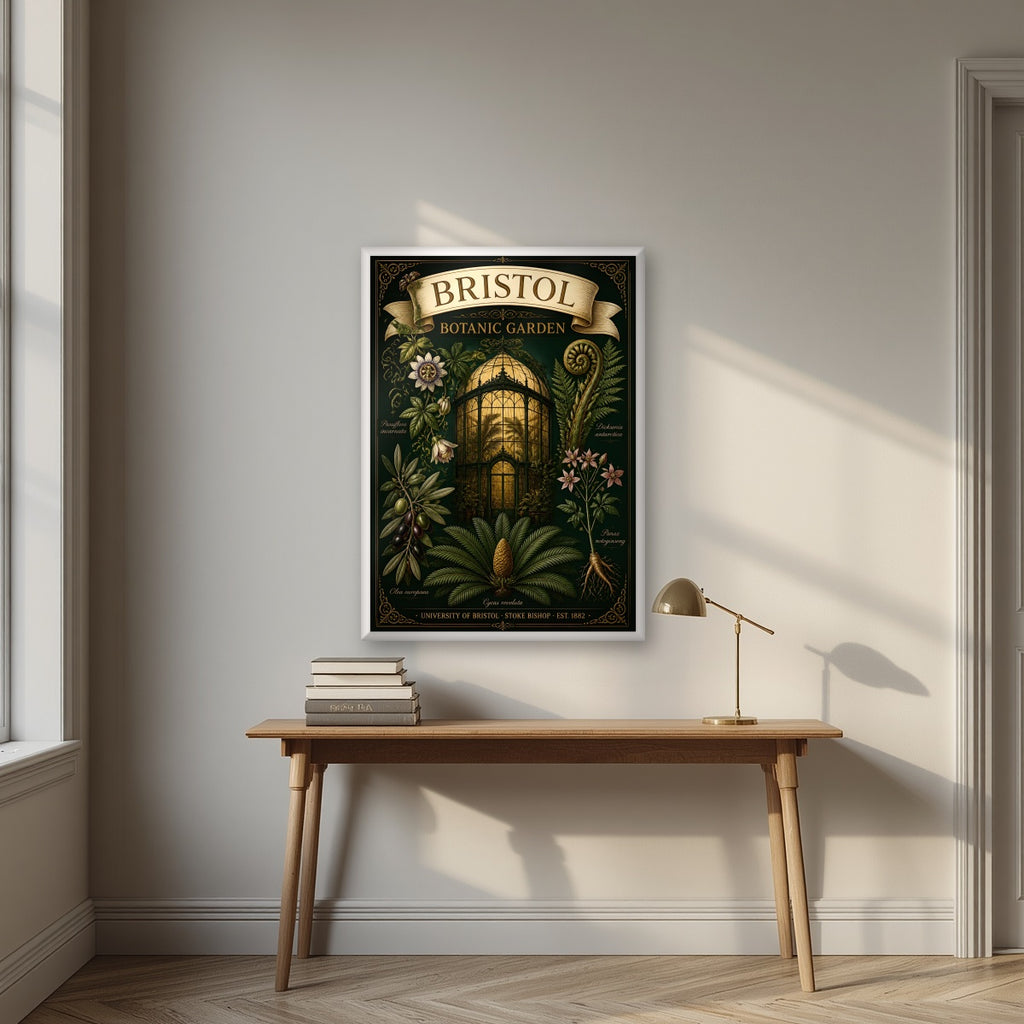 Botanic Garden in a white frame, above an oak writing desk