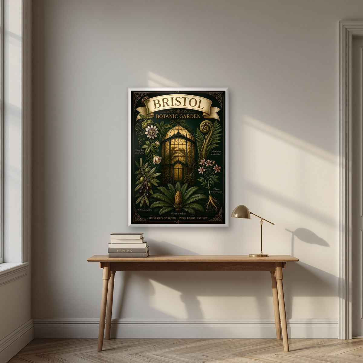 Botanic Garden in a white frame, above an oak writing desk