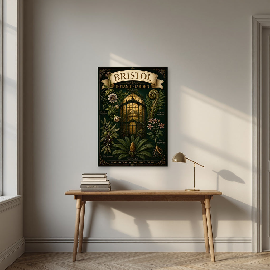 Botanic Garden as an unframed print, above an oak writing desk