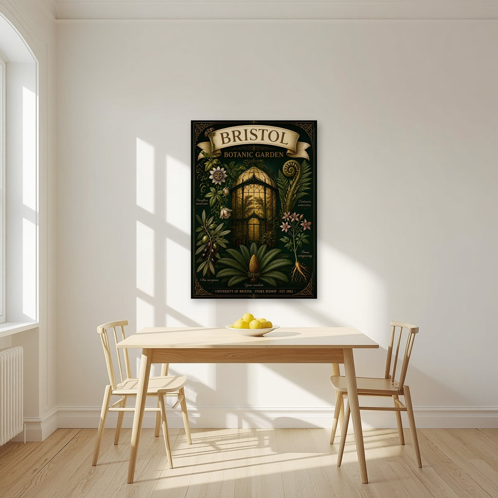 Botanic Garden as an unframed print, above a dining table in a bright kitchen
