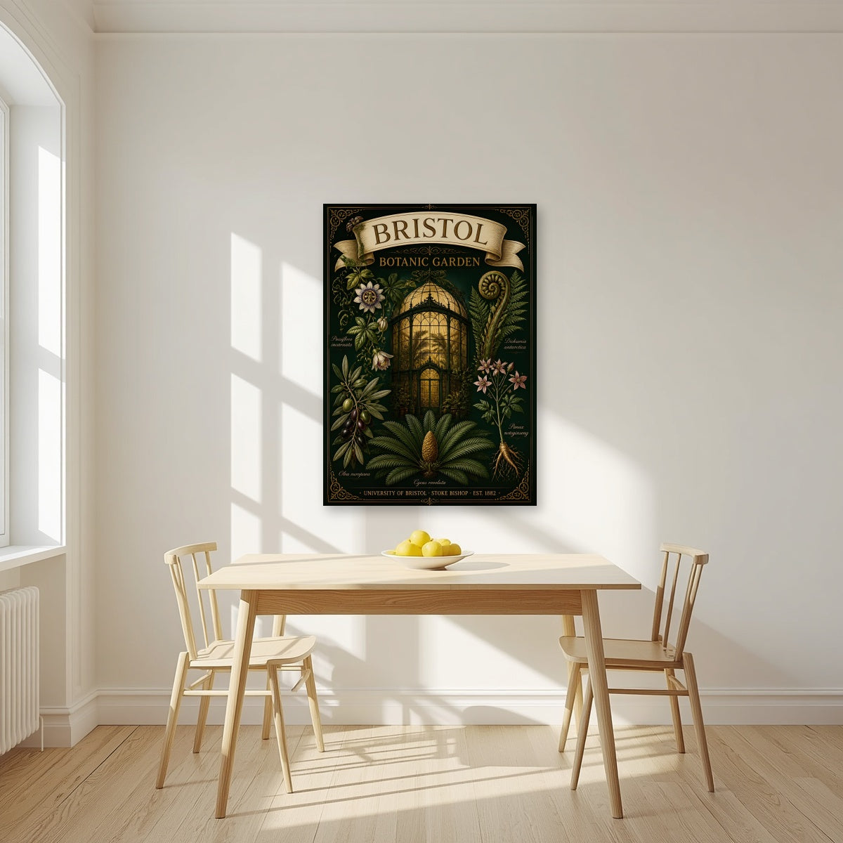 Botanic Garden as an unframed print, above a dining table in a bright kitchen