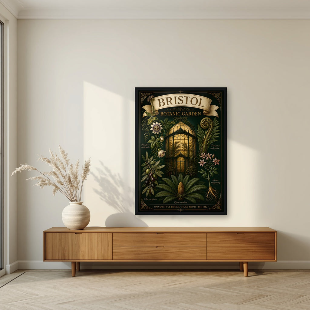 Botanic Garden in a black frame, above a walnut sideboard in a living room